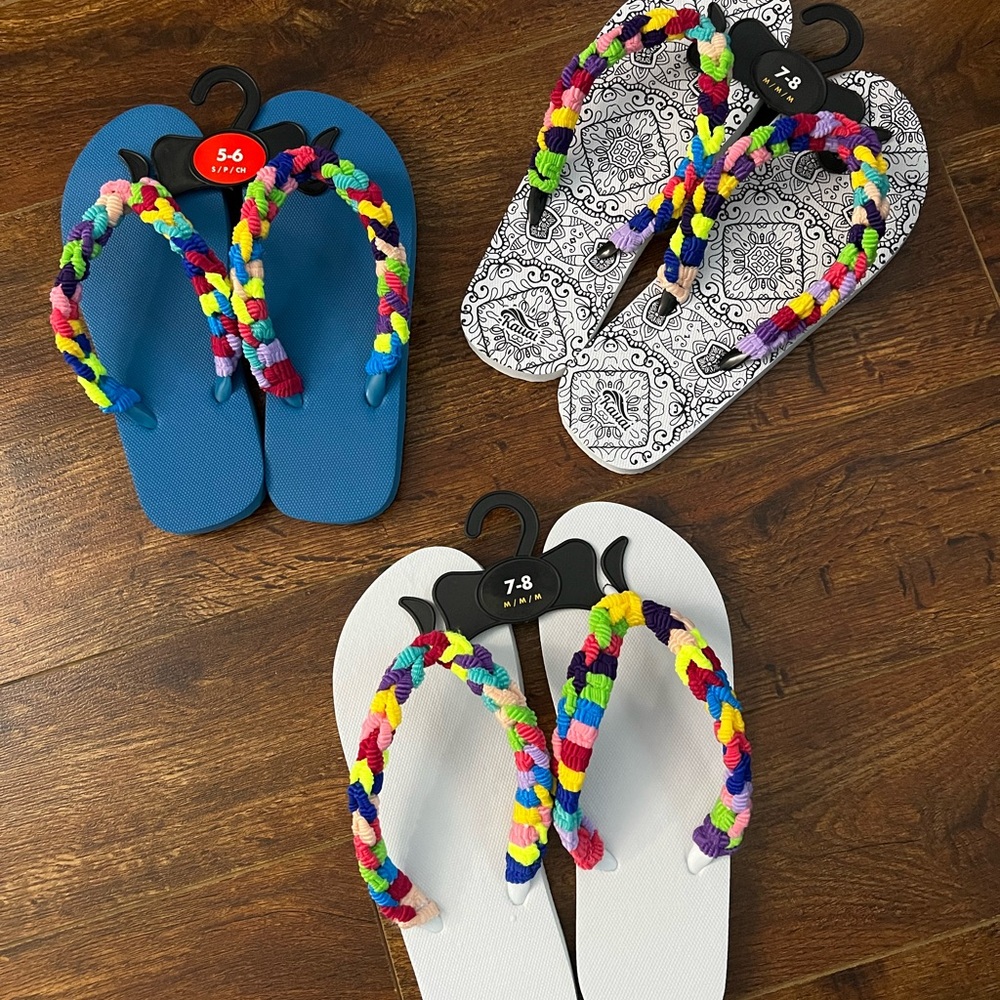 Blue and White Slippers with Colorful Embellishments